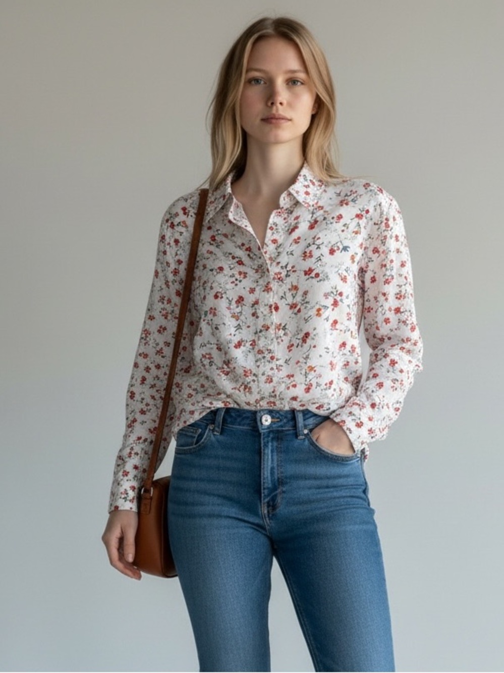 Women’s White Floral Button-Up Shirt Medium Cap Sleeve Lightweight India Boho